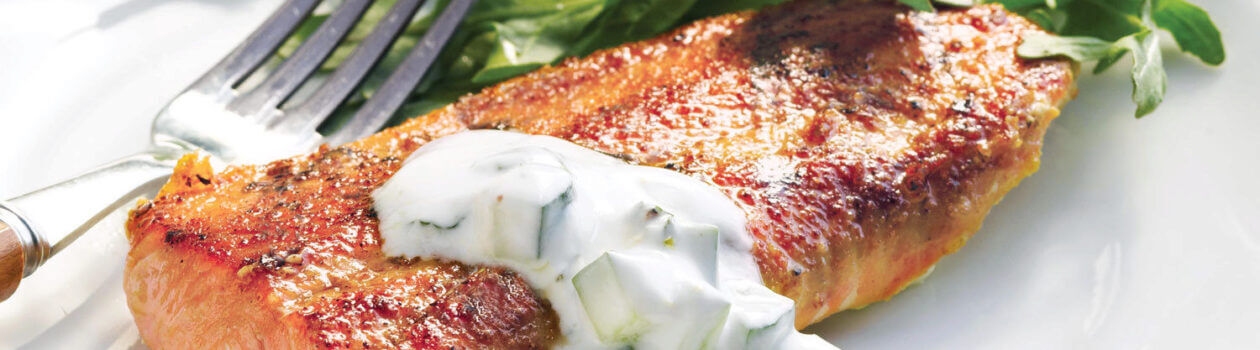 Curry grilled salmon with creamy cucumber sauce